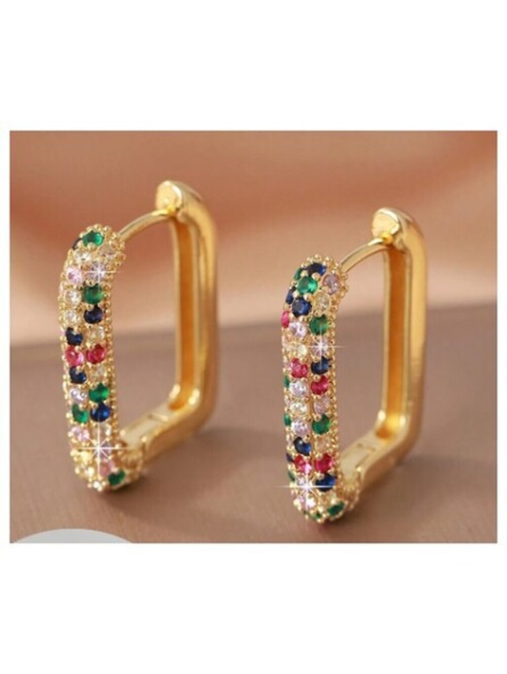 Multicolor rectangle hoop - Earrings - Silver - CZs - 1"